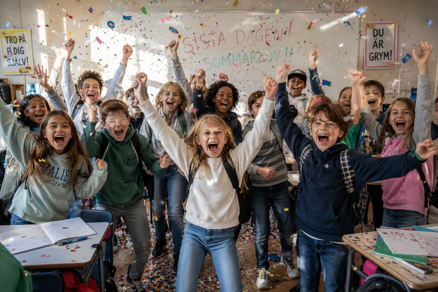 Skolklass firar med konfetti